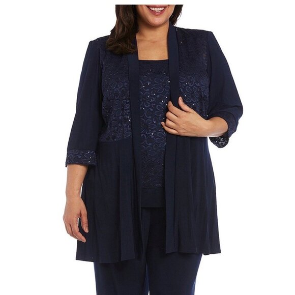 R&M Richards Size 16 W Navy Blue Lace Sparkle Camisole With Pleated Cardigan NWT - Picture 1 of 6